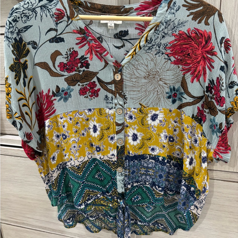 Umgee Multicolor Patchwork Floral Blouse With Tie - image 2